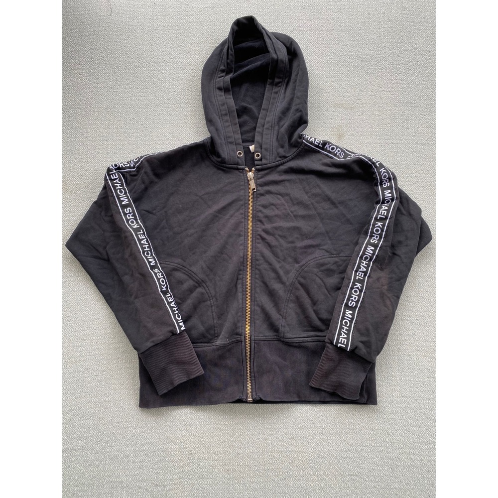 Michael Kors Hoodie Womens L Black Logo Tape Zip Up Athleisure Jacket Sweatshirt